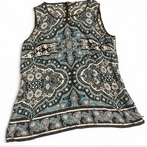 Sleeveless 100% Silk Indie Bohi Printed Tank Top in Black, Cream & Teal